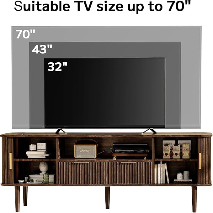 DAMCROP 62.4 Inch Fluted TV Stand, Modern Media Console Table with Sliding Tambour Door Farmhouse Sideboard Buffet Cabinet Fits TVs up to 75 inch, Wood Entertainment Center for Living Room(Dark Wood)