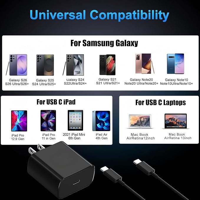 60W USB C Charger Samsung 2Pack 60 Watt Super Fast Charging Type-C Charger for Samsung Galaxy S26/S25 S24/S23/S22 with 6FT/10FT/10FT USBC Cables Compatible with iPhone 17/16/15 Tab S9+ MacBook
