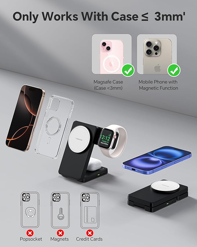 3 in 1 Charging Station for iPhone 16/15/14/13/12 Series, Wireless Charger for Apple Watch,Travel Magnetic Charging Stand for AirPods (Panda Color)