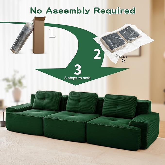 115" Modern Compressed Boneless Couch, 3 Seater Sectional Couches for Living Room, Green Corduroy Cloud Modular Sectional Sofa, Comfy Memory Foam, Extra Deep, Sofas para Sala, No Assembly