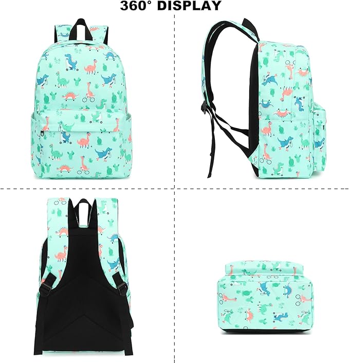 Dinosaur Girls Backpack for School, Kids Elementary School Bag Teens Middle Bookbag Set with Lunch Box Pencil Case (Green)