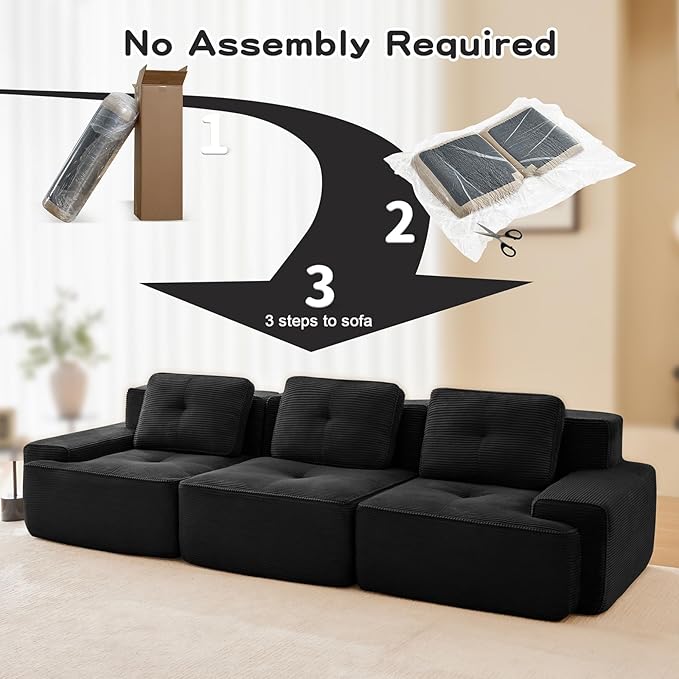 115" Modern Corduroy Cloud Sofa, Boneless Modular Large Sectional Couches for Living Room, Black 3 Seater Compressed Memory Foam Couch, Extra Deep Seat, No Assembly