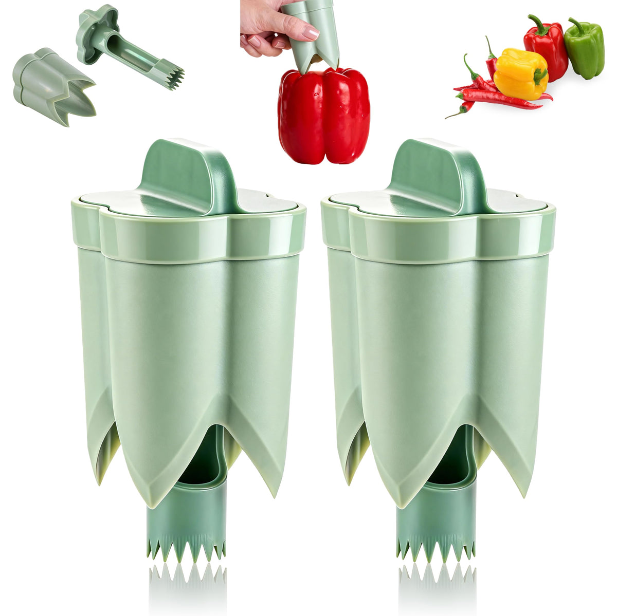 2PCS Pepper Corer,Chili Seed Remover Tool,Durable ABS Kitchen Gadget for Bell & Chili Peppers, 2-in-1 Design, Easy Twist Use, Ideal for Home Cooking, Camping(Green)