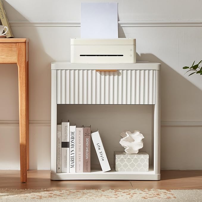 LEYAOYAO Fluted Farmhouse Nightstand Set of 2 with Charging Station, 23" Wide 1 Drawers End Table,White Dresser for Bedroom,Bed Side Table Chest of Drawers Cabinet,Wood Night Stand for Living Room