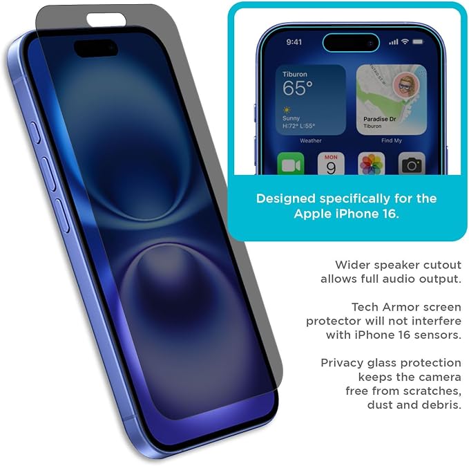 Tech Armor Privacy Glass for iPhone 16e 14 13 Pro Screen Protector 1 Pack | Ballistic Anti-spy protection 9H tempered Hard bubble-free install case-friendly Face ID compatible oleophobic coati