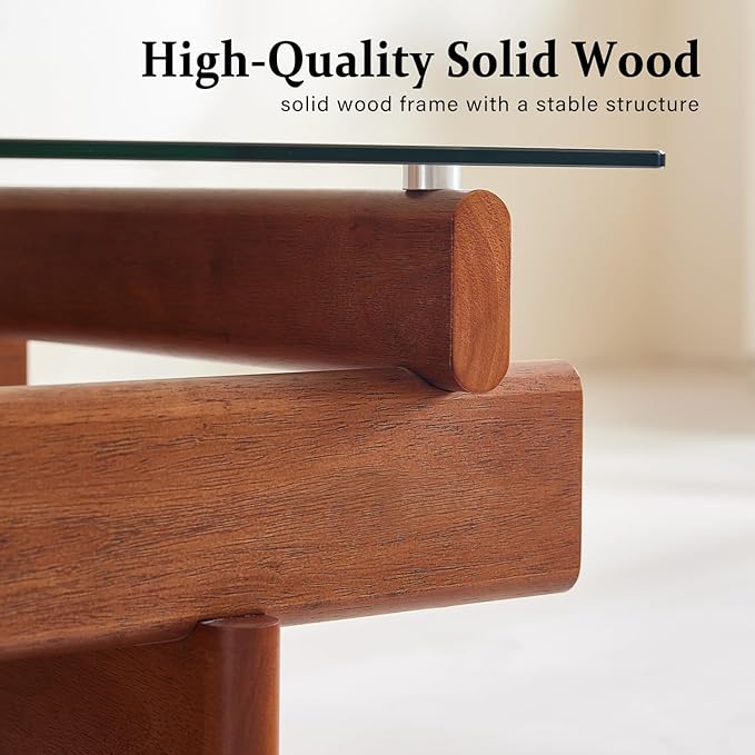 IWOOD Glass Coffee Table for Living Room,100% Solid Wood Coffee Table with Rectangular Tempered Glass Top,Mid Century Modern Coffee Table,Walnut