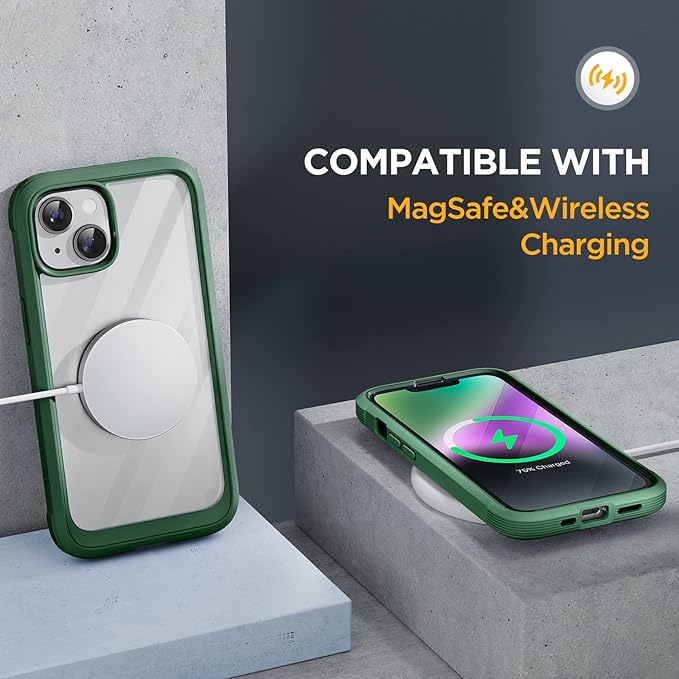 Miracase Glass Series Designed for iPhone 14 Plus Case 6.7 inch, 2023 Upgrade Full-Body Clear Bumper Case with Built-in 9H Tempered Glass Screen Protector and Camera Lens Protector,Green