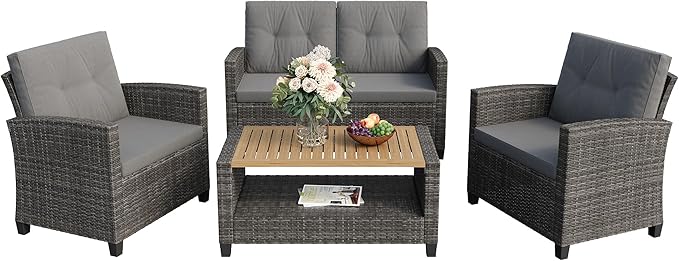 Wisteria Lane 4 Piece Patio Furniture Set, Wicker Outdoor Patio Conversation Furniture Set, All Weather Outdoor Patio Sofa with Cushion and Glass Table, Gray Wood