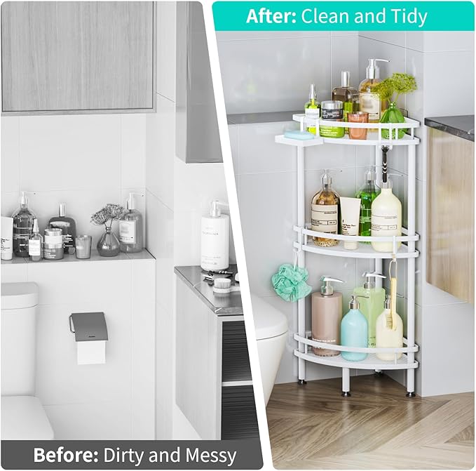 HapiRm Standing Corner Shower Caddy - 3 Tier Shower Organizer Corner with Soap Holder and 4 Hooks, Rustproof Bathroom Storage Shelves with Adhesives, White