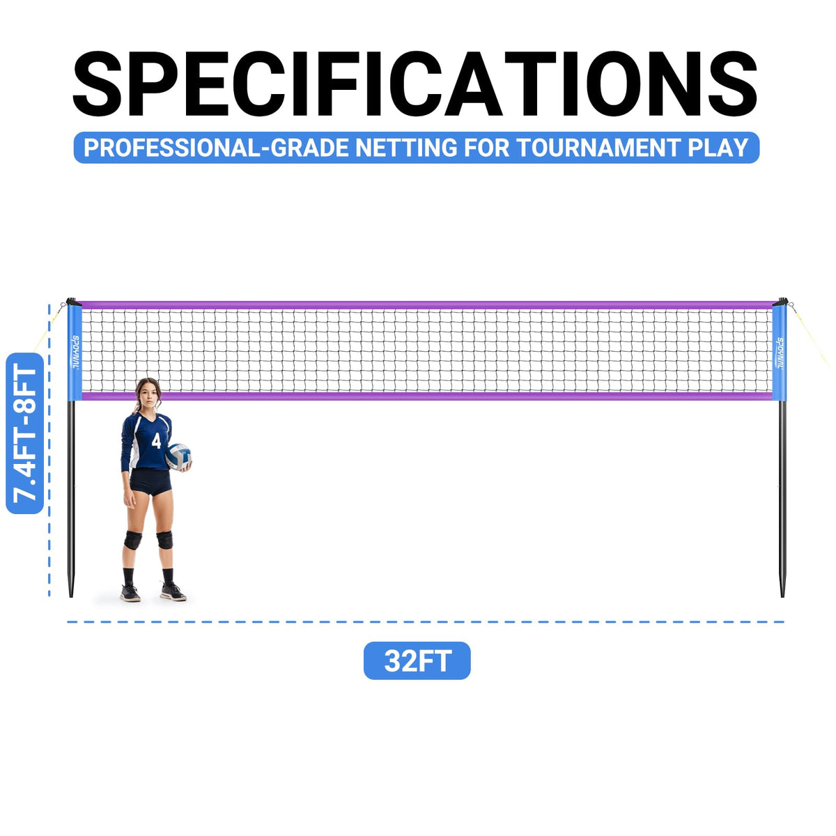 Portable Volleyball Net for Backyard, 32 FT Adjustable Height Blue&Purple