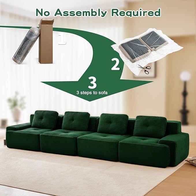 150" Modern Corduroy Cloud Sofa, Boneless Modular Large Sectional Couches for Living Room, Green 4 Seater Compressed Memory Foam Couch, Extra Deep Seat, No Assembly