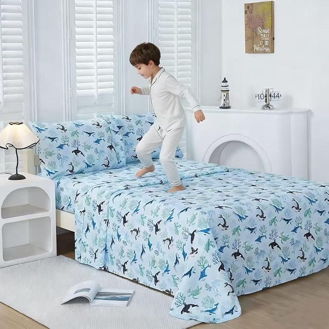Viviland 3 Pieces Boys Blue Ocean Twin Sheet Set - Soft Microfiber Fitted Flat Sheets & Pillowcase - Blue Ocean Whales, Sea Turtles, Marine Organisms Bedding Sets - for Kids & Toddlers