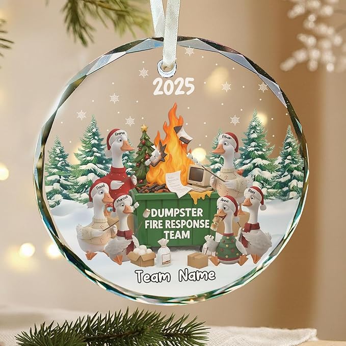 NAZENTI Personalized Funny Goose Fire Response Team Glass Ornament, Custom Flaming Dumpster Holiday Piece, Coworker Christmas Tree Hanging Decoration