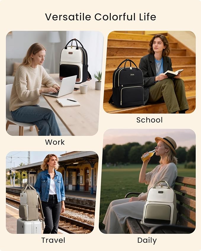 LOVEVOOK Laptop Backpack for Women with Giant Tumbler Holder Pocket, 15.6 inch Travel Work Backpack Purse for Teacher Nurse, Waterproof College Book Bag Cute Casual Daypack, Beige-Black-Brown