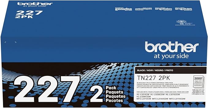 Brother Genuine TN227 High-Yield Black Toner Cartridge Twin Pack for Professional Laser Printing, 2 Pack Yields 6,000 Pages Total, Compatible with HL-L3210CW HL-L3230CDW Printers