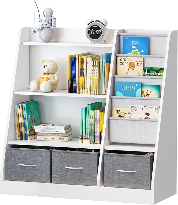 White Kids Bookshelf Wood Toy Storage Organizer Cabinet Children Bookcase Toddler Baby Sling Book Rack 3 Cube Bins Fabric Drawers for Playroom Bedroom Nursery School