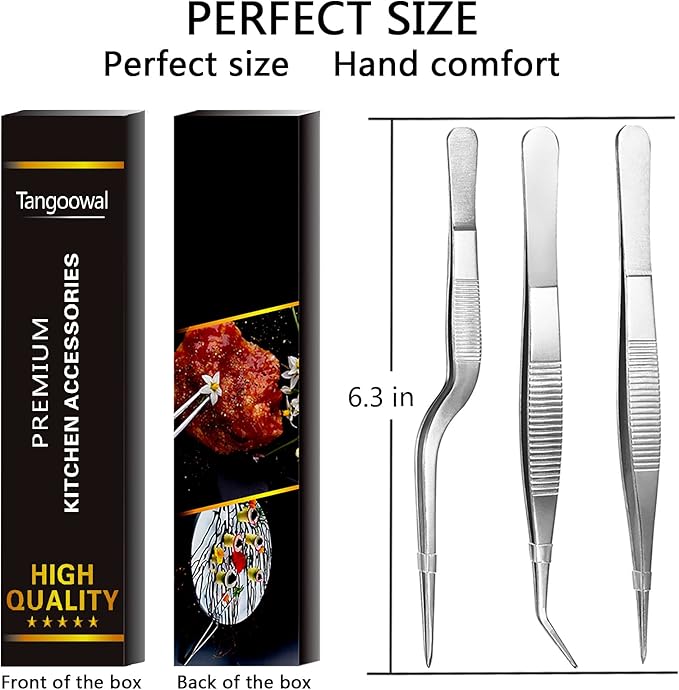 Tangoowal Kitchen Cooking Tweezers Culinary,3 Piece Set Stainless Steel Tweezer Precision Tongs Offset Tip for Cooking Food Design styling(6.3-Inch)