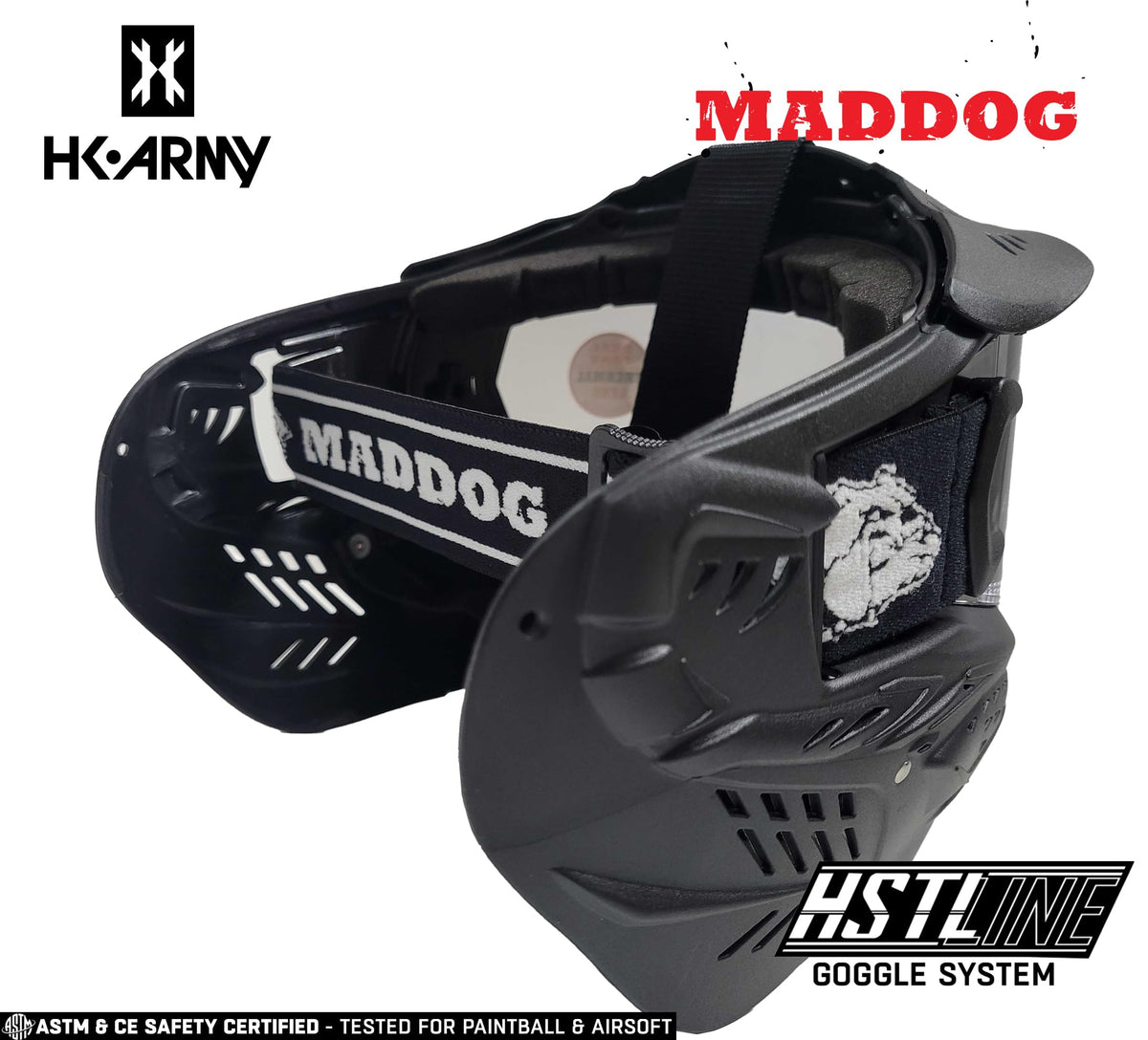 Maddog HK Army HSTL Paintball Airsoft Mask Goggle System | Replaceable Thermal Dual-Pane Anti Fog Lens | Adjustable Full-Face Safety Certified Protection - Black with Ice Lens