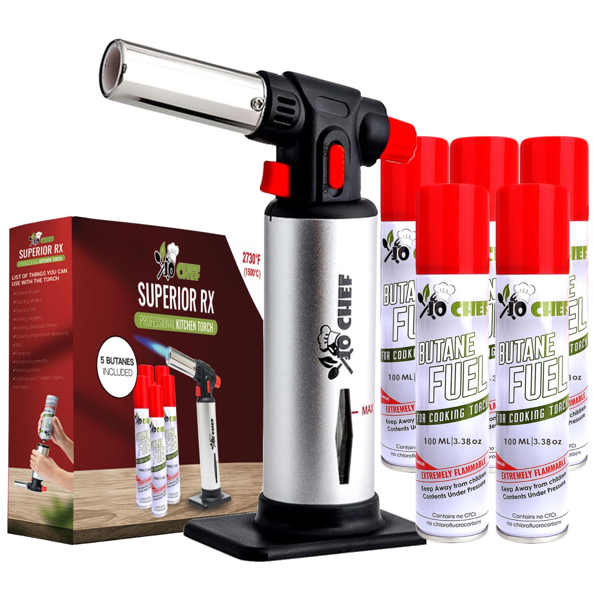Jo Chef Kitchen Torch with Butane Included – Refillable Lighter with Safety Lock & Adjustable Flame, Blow Culinary Torch for Cooking, BBQ, Creme Brulee, DIY and Soldering - 1 Can (5.07oz) Included