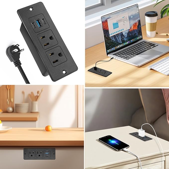 Recessed Power Strip USB, 20W Fast Charging Furniture Outlet - 2 AC & 3 USB (2 USB-C + 1 USB-A) for Desk, Bedside, Drawer, Conference Table - Space-Saving, Easy Install, 10FT Cord, Black