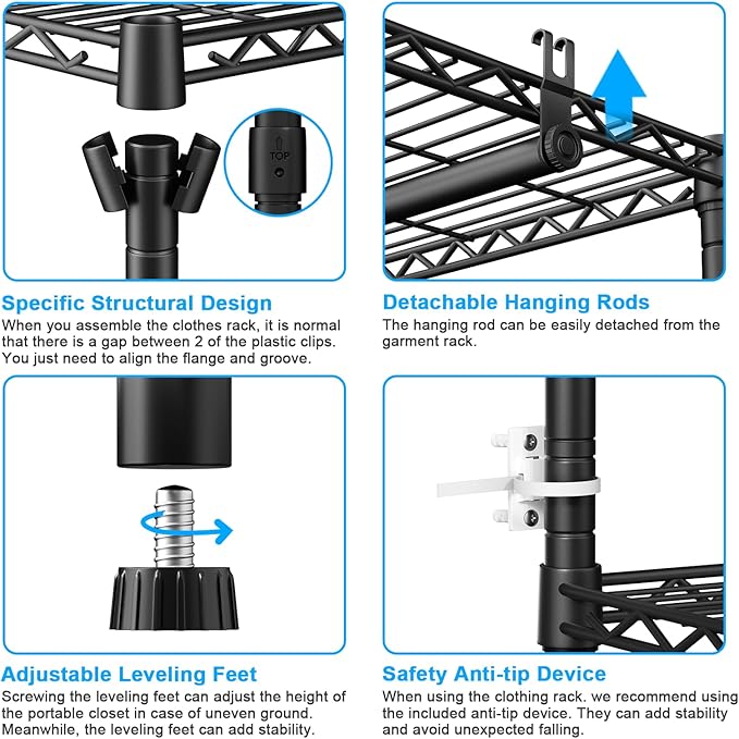 Ulif E13 Pro Heavy Duty Clothes Rack(With 4 Hanger Rods & 8 Shelves) Freestanding Clothing Racks for Hanging Clothes,Adjustable Closet,Metal Garment Rack 75" W x16 D x77 H,Max Load 1000LBS,Black