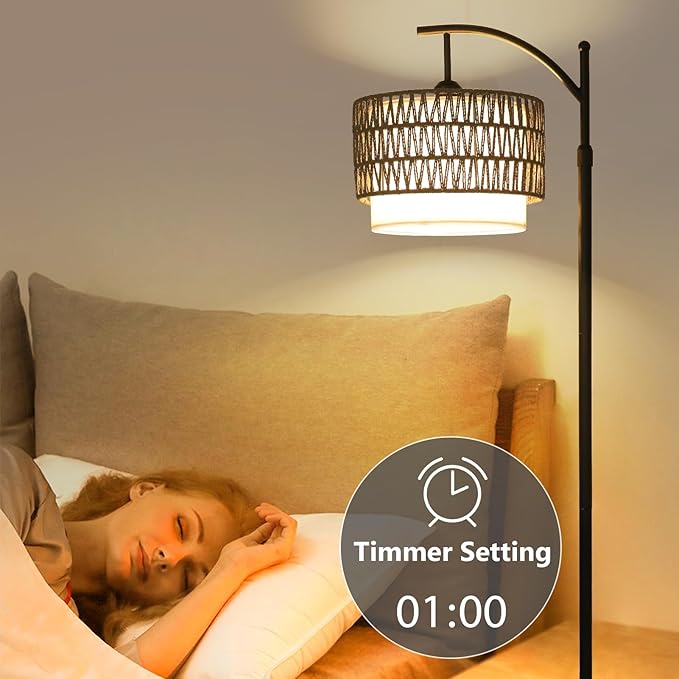 Floor Lamps for Living Room, Arc Standing Lamp with Remote & Dimmable Bulb, Boho Rattan Floor Lamp for Bedroom with 3 Color Temperatures, Farmhouse Tall Lamp, Height Adjustable Stand up Lamp