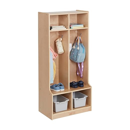 ECR4Kids 2-Section Coat Locker with Bench and Cubby Storage, Classroom Furniture, Natural