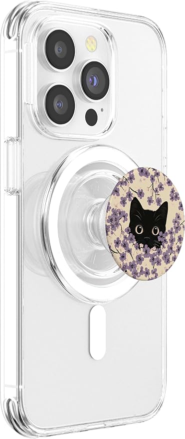 Black Cat in Botanical Flower Purple Floral Pattern Cute Cat PopSockets Adhesive PopGrip