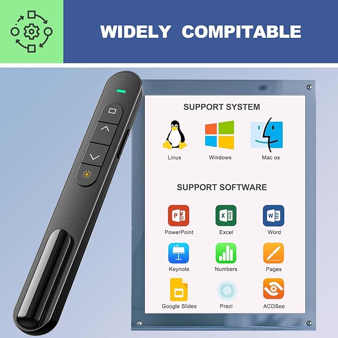 QUI Presentation Clicker for PowerPoint, RF 2.4GHz USB Wireless Presenter Remote with Volume Control, PowerPoint Clicker Slide Advancer for Mac, Windows, Laptop, Keynote