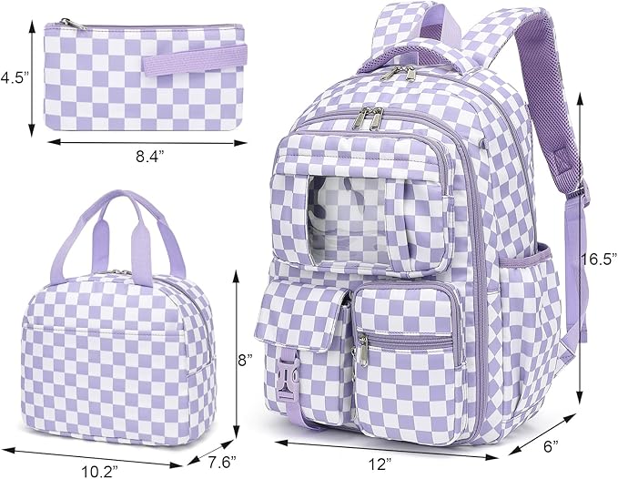 Girls School Backpack Set - Teens Kids School Bag Bookbag with Lunch Box Pencil Case for Elementary Middle School (Checkered Purple)