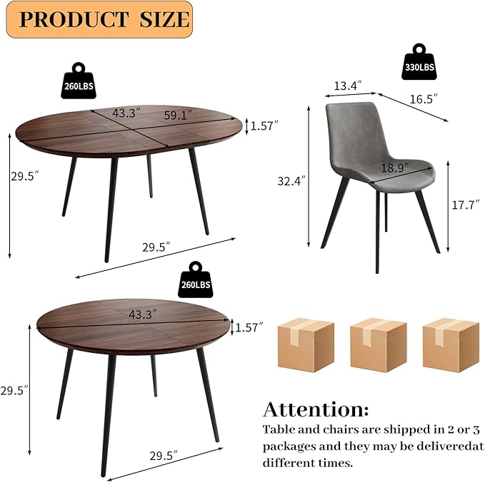 43.3"-59.1" Extendable Round Dining Table Set of 6, Mid Century Wooden Round Kitchen Table, Coffee Table for 4-6 Person,6 Gray PU Leather Chair