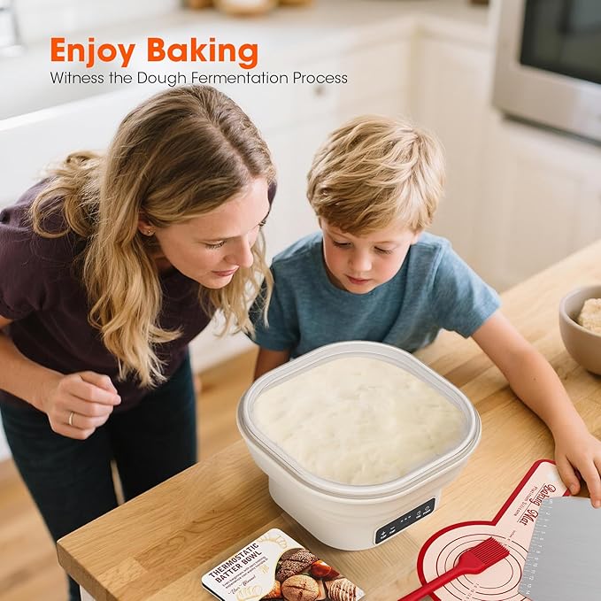 Upgrade Heating Sourdough Bread Proofing Basket Kit, Electric Thermostatic Silicone Banneton Baking Supplies, 6 Adjustable Temperature, 10 Inch Square Foldable Sourdough Proofing Bowl