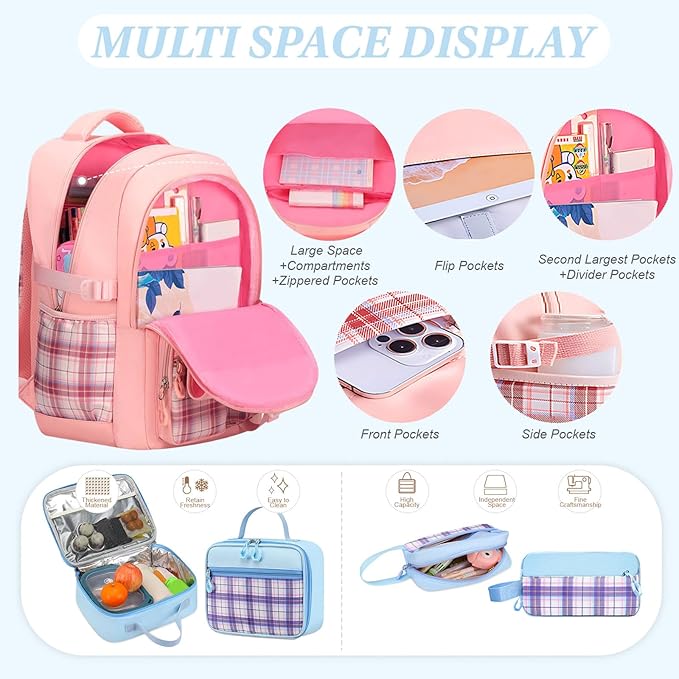 3PCS Girls Backpack Set for School - Cute Kids Bookbag with Lunch Box & Pencil Case, Stylish Backpack Combo for Girls Preschool Elementary Middle High School Students Teens Blue
