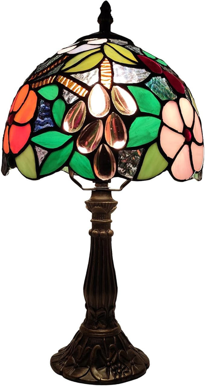 Tiffany Table Lamp 3-Way Tiffany Style Desk Lamp Small Stained Glass Lamp Antique Light Home Bedroom Bedside Lamp Retro Reading Decoration Lamps (Grapes Flowers Style)