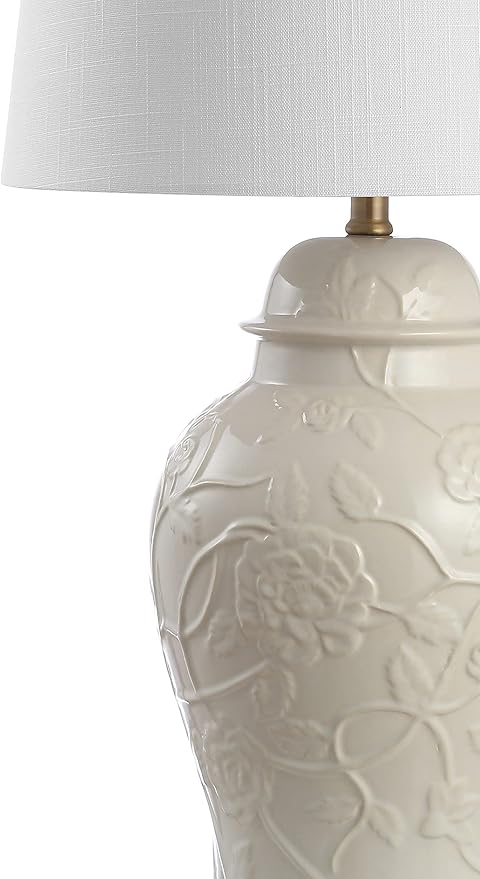 JONATHAN Y 29.5" Cream Ceramic Chinoiserie Table Lamp, Traditional Ginger Jar Lamp for Living Room Bedroom, White Linen Empire Shade, Brass Gold Base, LED Bulb Included JYL6604A