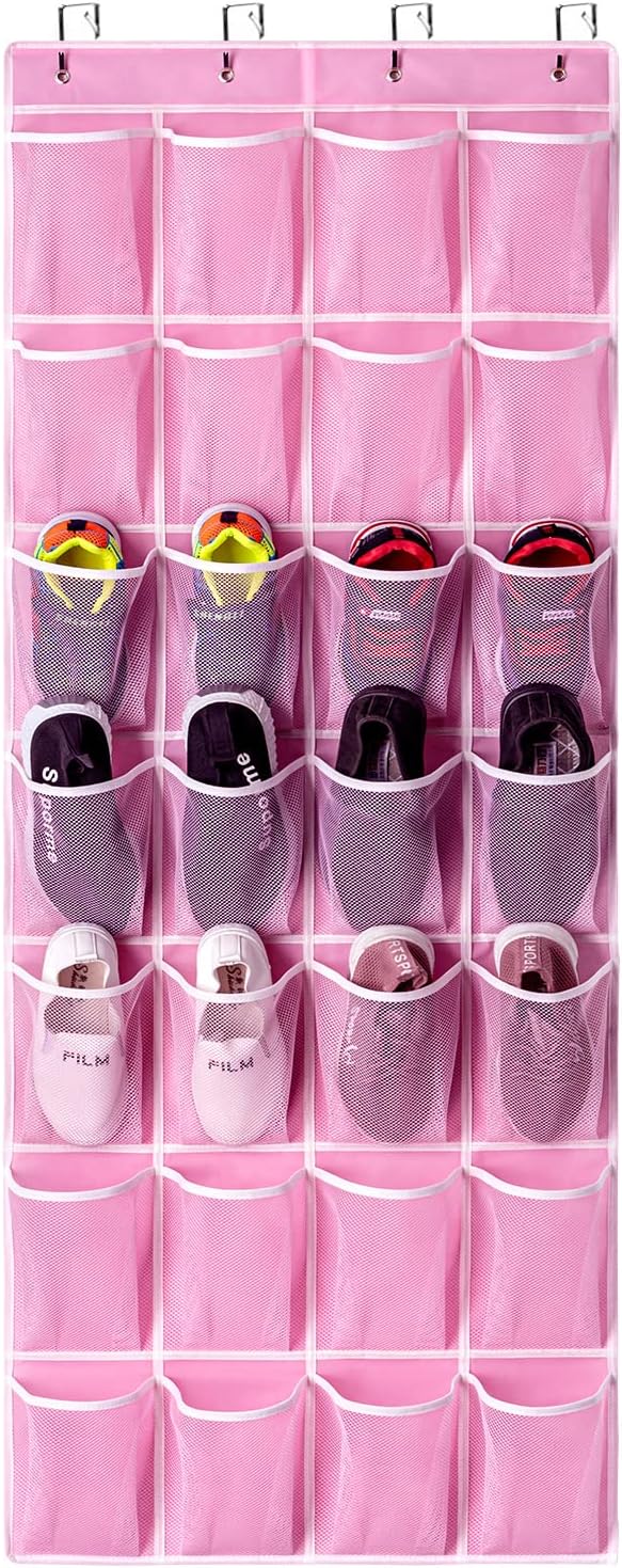 KEEPJOY 28 Pockets Hanging Shoe Organizer, Over the Door Shoe Organizer, Hanging Door Shoe Holder Rack with Mesh Pockets Large Size 65 x 23 Inch (Pink-1Pack)