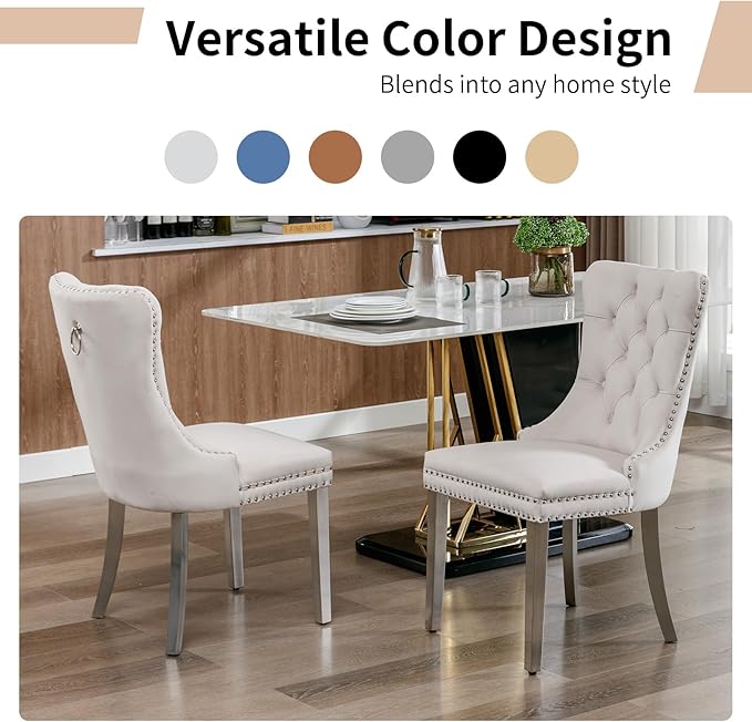 Luxury Upholstered Dining Chairs Set of 6, Grey Kitchen Chair with Silver Metal Legs, Velvet Tufted Back Dining Chair, Sillas de Comedor, Modern Kitchen & Dining Room Chairs (Gray, 6 Pcs)