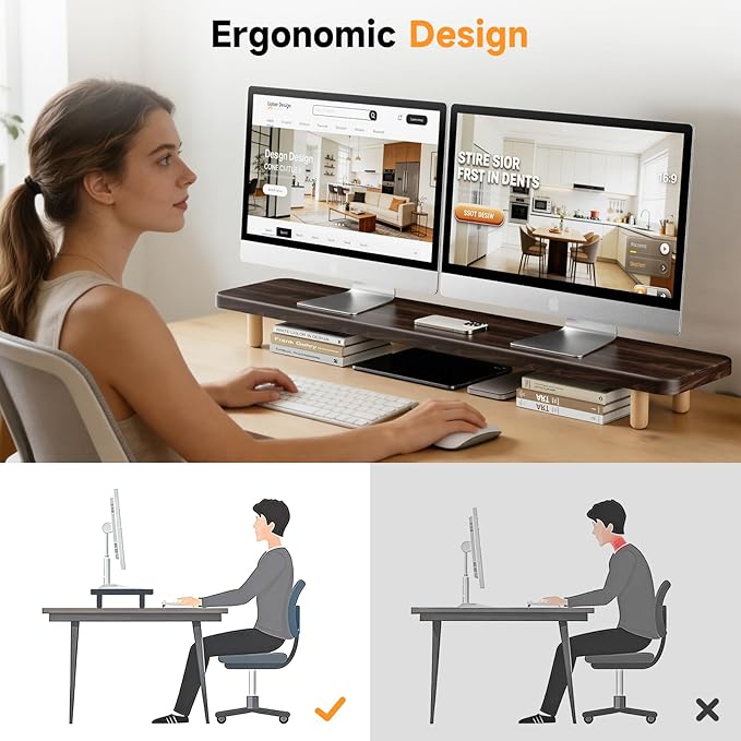 Dual Monitor Stand Riser, 39 Inch Extra Long Wooden Desktop Monitor Riser with Storage for 2 Monitors Ultra Strong Desk Shelf Organizer Riser Ergonomic for 2 Screens/Laptop/PC/TV/Printer, Dark Walnut