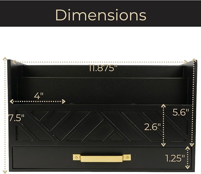 BLU MONACO Black Mail Organizer with Drawer and Gold Handle – Desktop Mail Holder and Office Supplies Storage – Home Office Desk Accessories – Letter Sorter and Paper Organizer