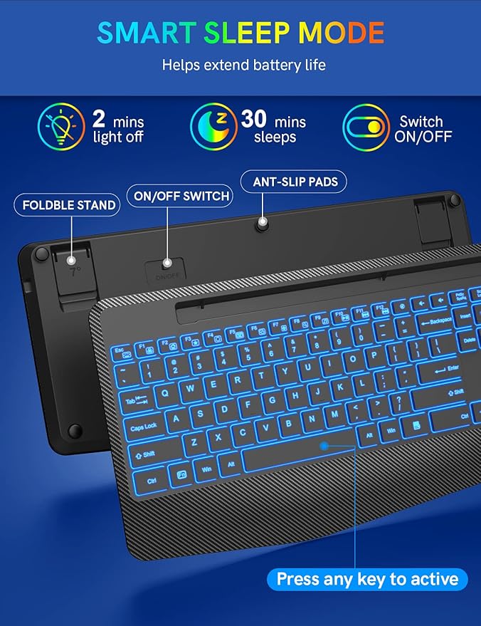 Wireless Keyboard with 7 Colored Backlits, Wrist Rest, Phone Holder, Rechargeable Ergonomic Computer Keyboard with Silent Keys, Full Size Lighted Keyboard for Windows, MacBook, PC, Laptop (Black)