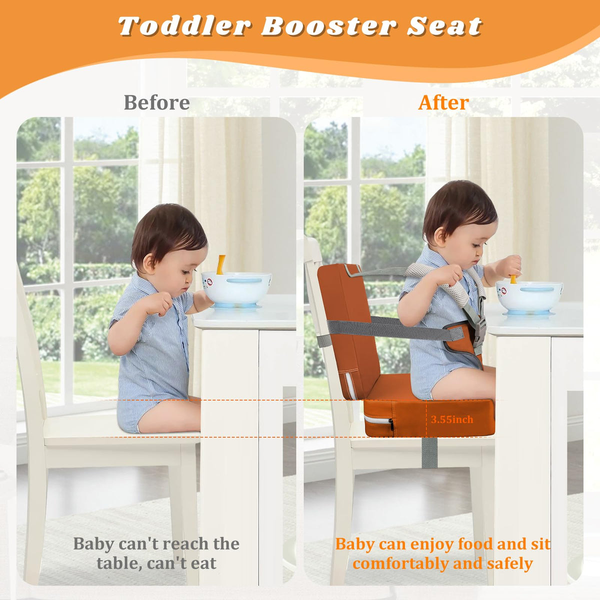 Toddler Booster Seat for Kitchen Chair & Dining Table – Waterproof PU Foam Cushion with Backrest & Safety Straps – Foldable, Lightweight Design for Kids Ages 2-6 – Easy to Clean