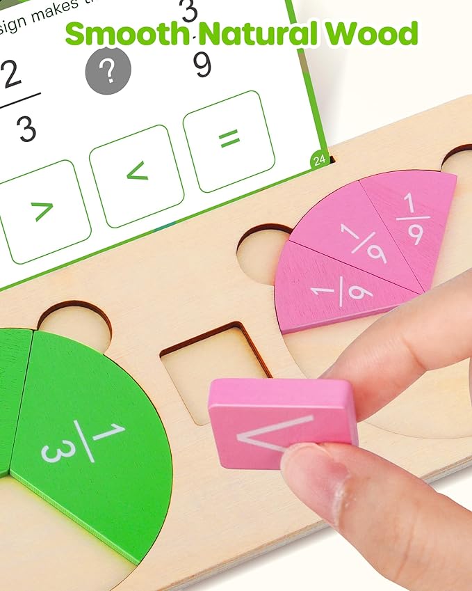 D-FantiX Wooden Fraction Educational Puzzle, Wood Fraction Tiles & Fraction Circles Set, Math Manipulatives for Elementary School, Montessori Fraction Manipulatives Games Learning Toys for Kids