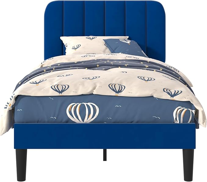 VECELO Twin Size Bed Frame with Upholstered Headboard, Velvet Platform Bedframe Mattress Foundation, Strong Wood Slat Support, No Box Spring Needed,Blue