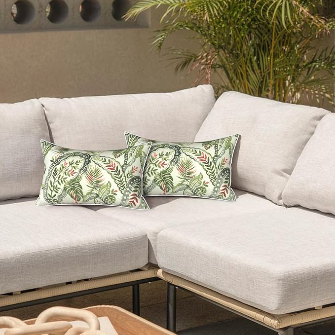 LVTXIII Outdoor Lumbar Pillow Covers 12"x20", Covers ONLY, 2 Pack 30x50cm Lumbar Cushion Cover with White Piping for Home Patio Garden Sofa Bench, Faylinn Shadow Paisley