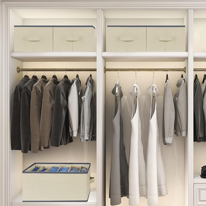 6 Pcs Large Size Wardrobe Clothes Organizers 6 Grids for Pants, Jeans, Sweater, T-shirt, Thin Coat, Dress Stackable Closet Drawer Organizer Storage Bin Container with Sturdy Handles, Beige