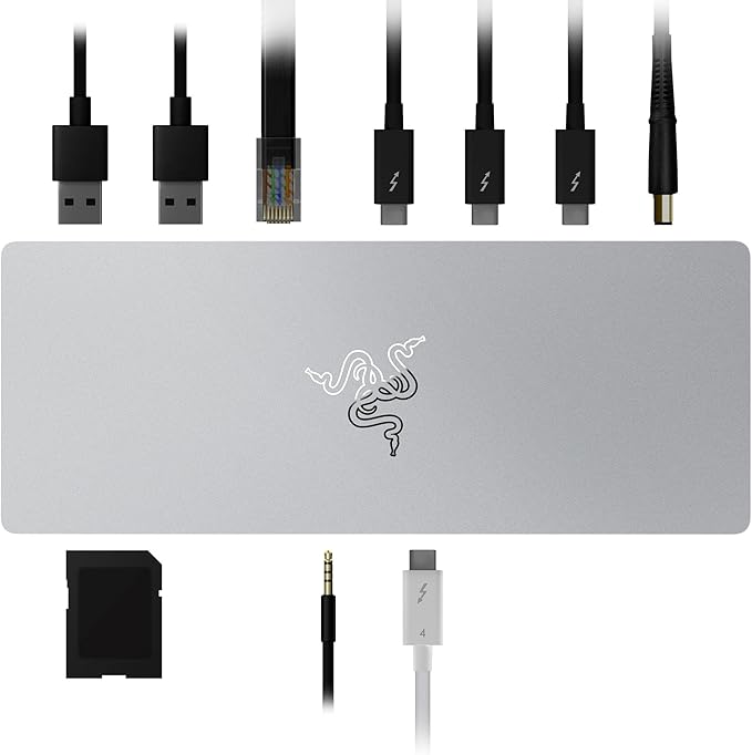 Razer Thunderbolt 4 Dock: 10 Ports in 1 - Dual 4K or Single 8K Output - USB A and C Hub, 2.5 GbE Thunderbolt 3, Mac, and PC Compatible - Thunderbolt 4 Certified - Passthrough Charging - Mercury White