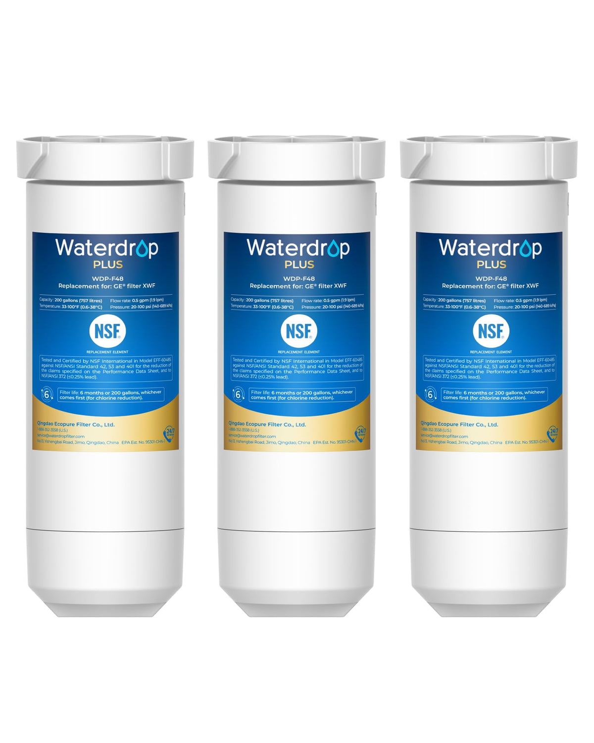 Waterdrop Plus XWF Water Filter Replacement for GE® XWF, 3 Pack, No chip