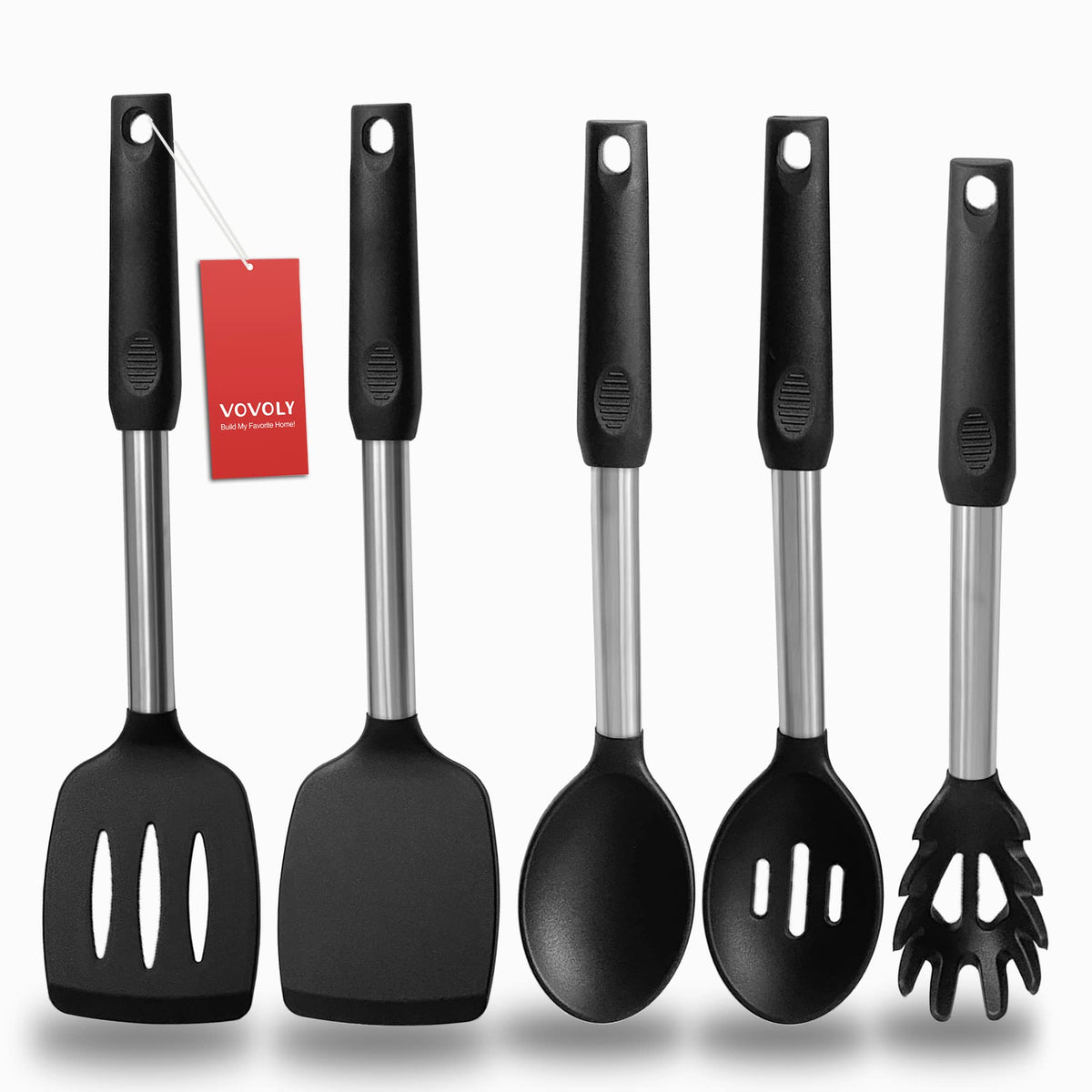 Silicone Spatula and Cooking Spoon,5 Pack Non-Stick Cooking Utensils for Kitchen,Heat Resistant Solid & Slotted Spoons and Spatulas, Stainless Steel Handle Coated with Silicone, Khaki