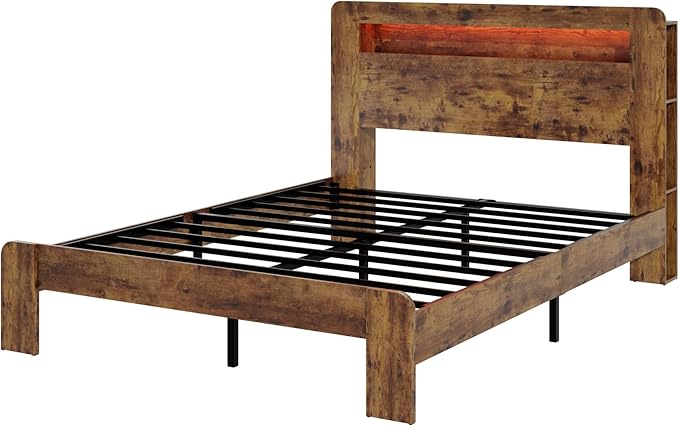 Wood King Size Bed Frame with Headboard, Farmhouse Platform Bed Frame with Bookcase Shelf,LED Lights,Charging Station,Heavy Duty Supports,No Box Spring Needed,Dark Brown