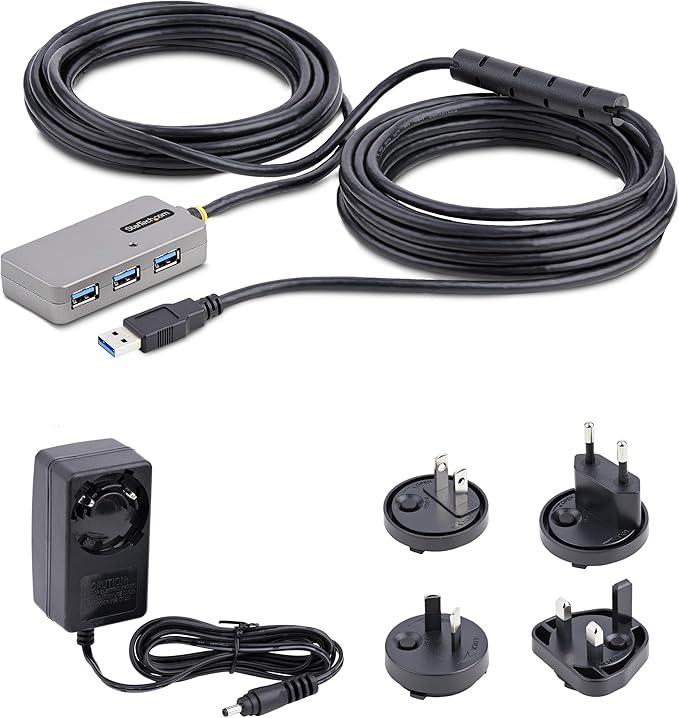 StarTech.com USB Extender Hub, 10m USB 3.0 Extension Cable w/ 4-Port USB-A Hub, Active/Bus Powered USB Repeater Cable, Optional 20W Power Supply Included, Level 2 ESD Protection, TAA